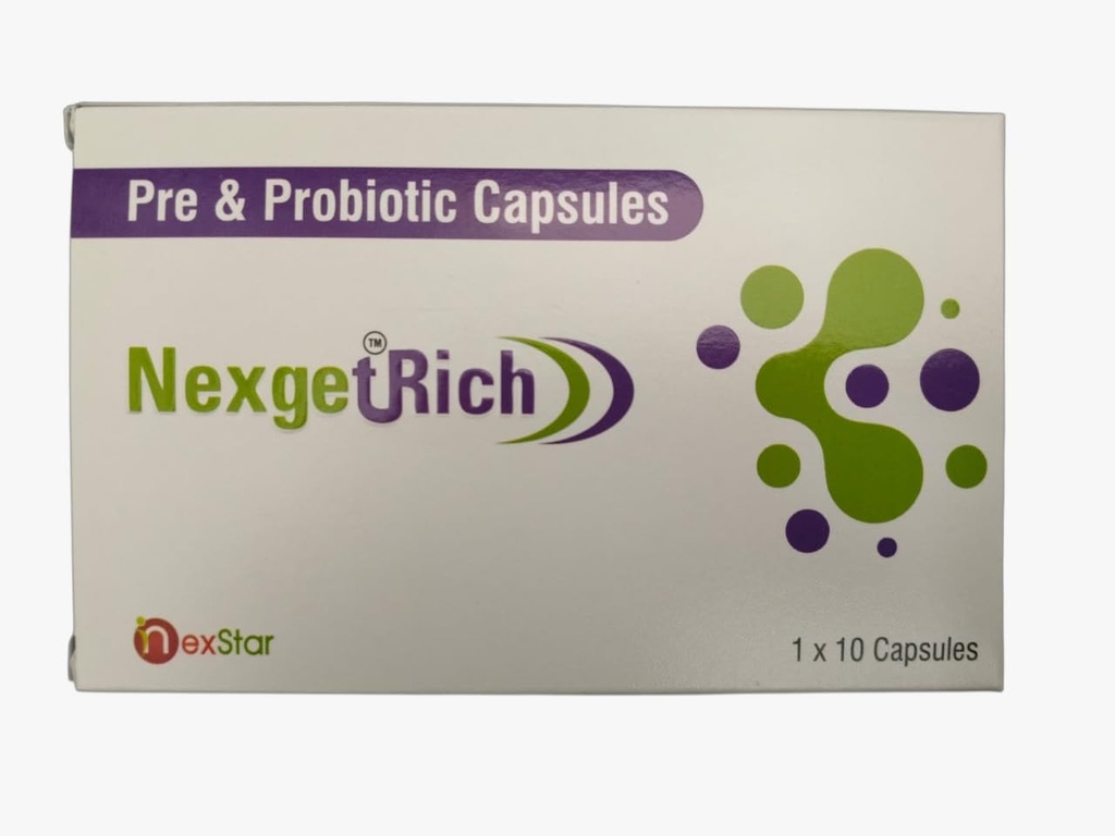 NEXGETRICH Pre and Probiotic Capsules | Combination of Prebiotic and Probiotic Ingredients | Capsule Form Nutritional Supplement | Easy to Consume Capsules | 10 Capsules