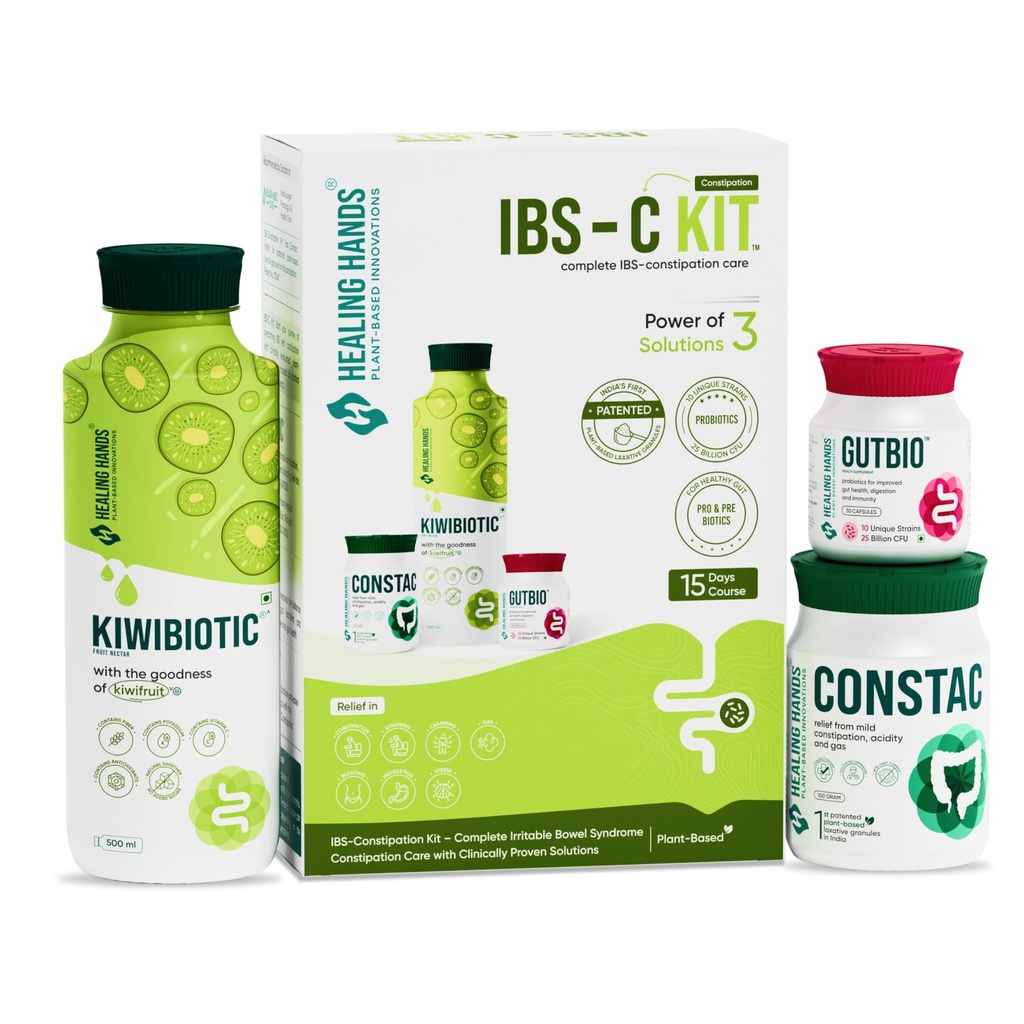 Healing Hands IBS-Constipation Kit| GutBio Probiotic + KiwiBiotic Prebiotic + Constac Laxative Patented| Relief in Constipation Straining Cramping Gas Bloating Indigestion Stress| Gut Health Bowel Regulation|15-Day