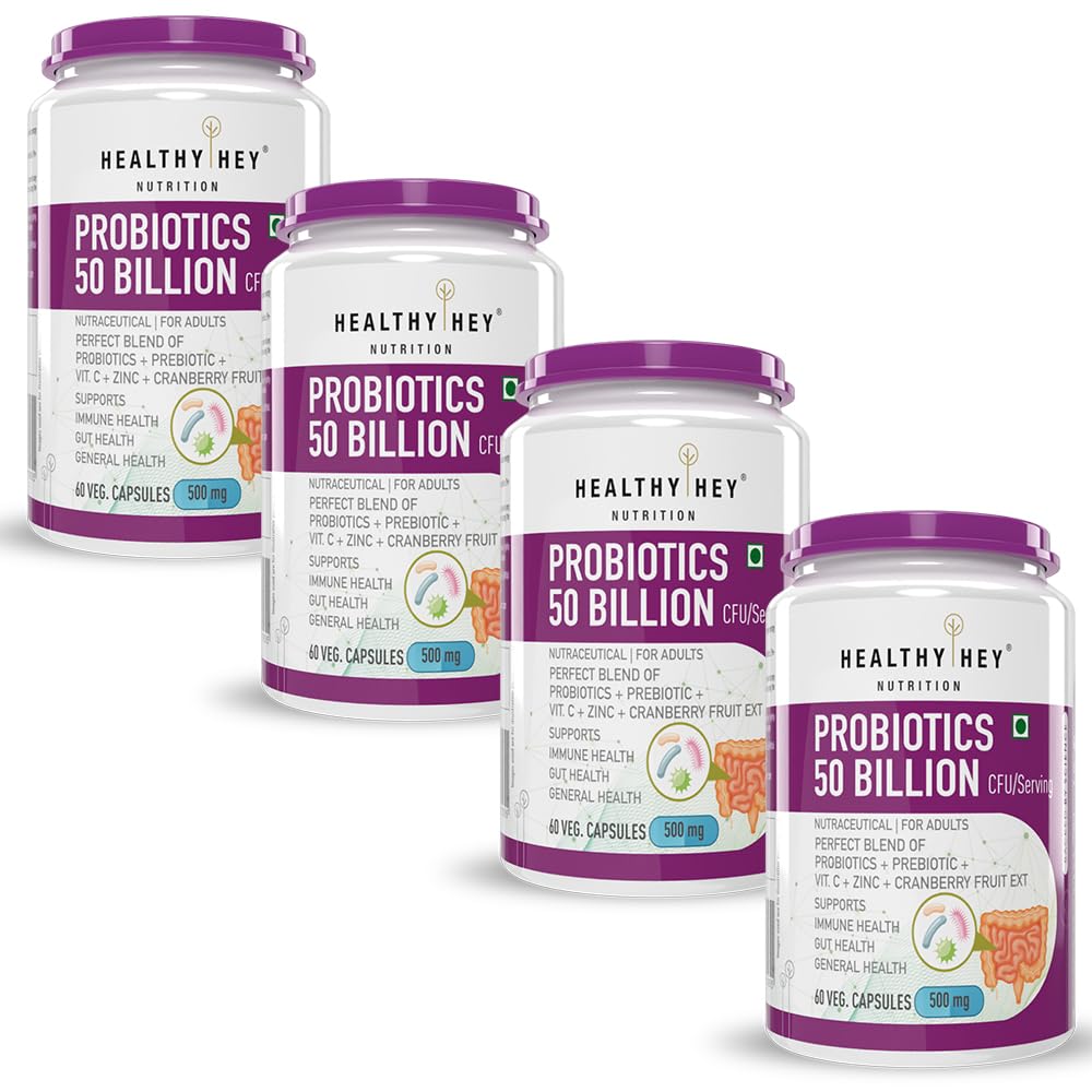 HealthyHey Nutrition Probiotics 50 Billion CFU Multi- Strains/serving - 60 Veg. Capsules - Pack of 4