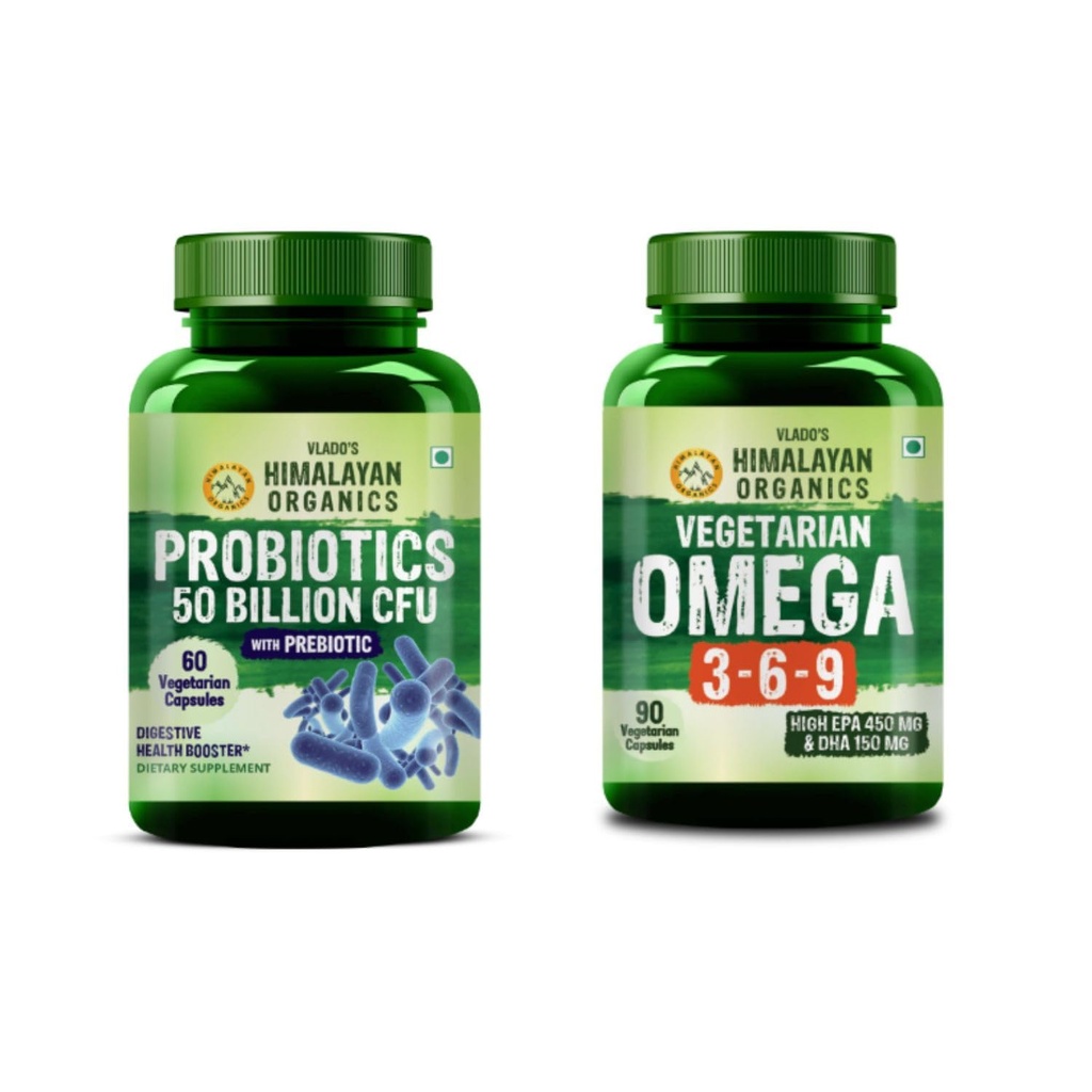 Vlado's Himalayan Organics Probiotic 50 Billion CFU 60 Veg Capsules + Vegetarian Omega 3 6 9 2000mg 90 Capsules | Daily Wellness Combo | Supports Digestive, Gut, Heart & Overall Health | Men & Women