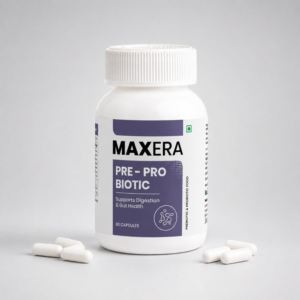 Maxera Prebiotic & Probiotic Capsules | Supports Gut Health Digestion & Immunity | Multi-Strain Probiotics | 60 Capsules