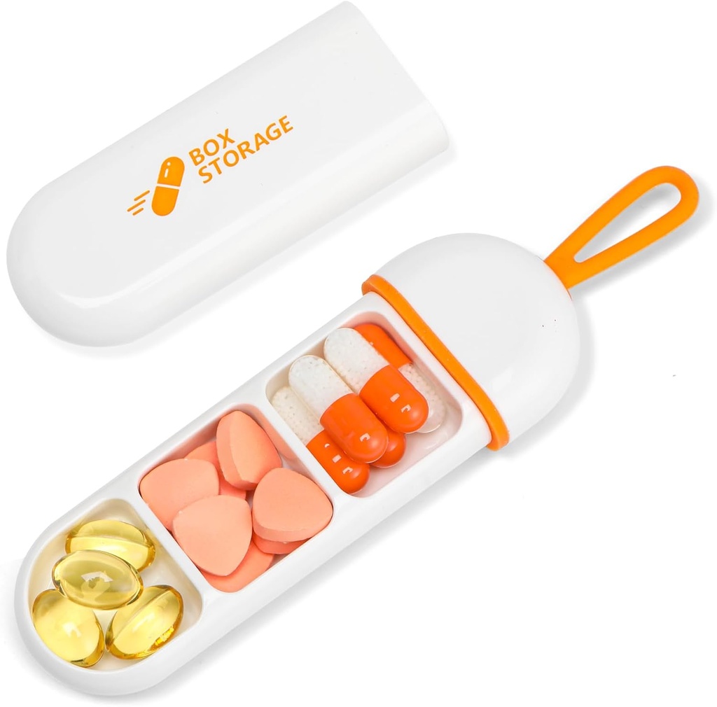 Toplive Travel Pill Organizer, Portable Pill Container Mini Daily Pill Organizer, Small Pill Case Travel Medicine Organizer Pocket Vitamine Supplement Fish Oil Box, White Orange