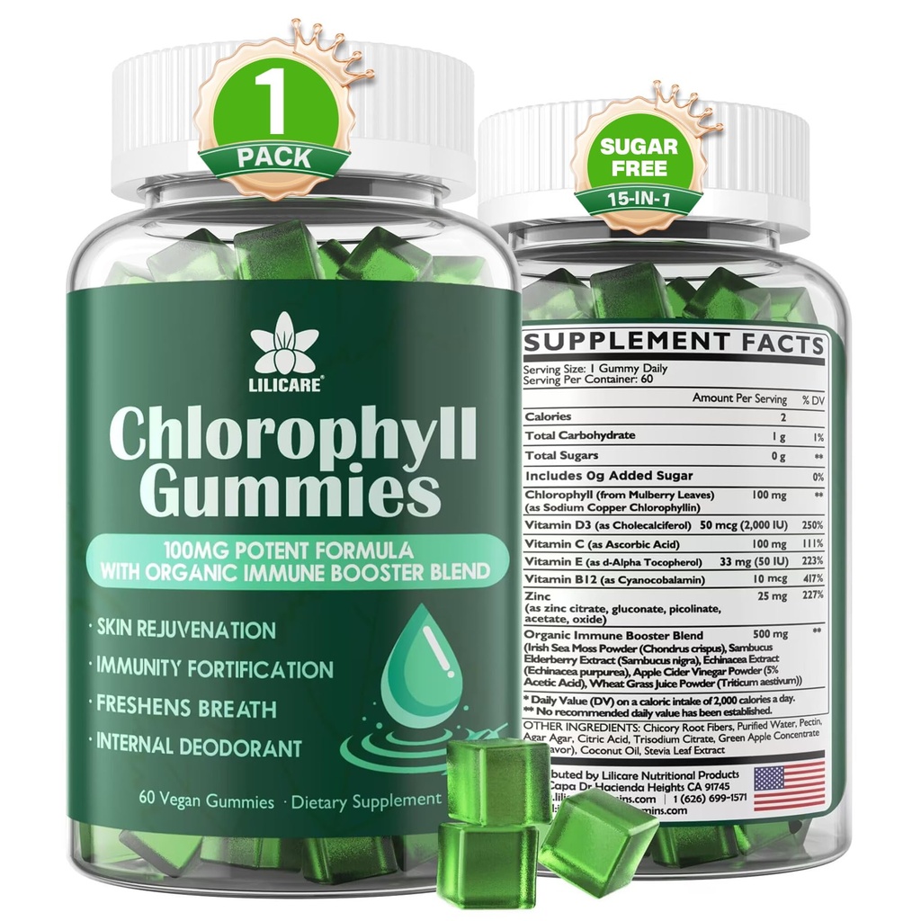 Chlorofyl Gummies - Supergroen met tarwegras, zeemos, ongefilterde ACV & Vlierbessen, Echinacea, zinkcomplex & vitamine D3, C, E, B12 voor natuurlijke deodorant, Immune & Digestie Ondersteuning, 60 Kauwen