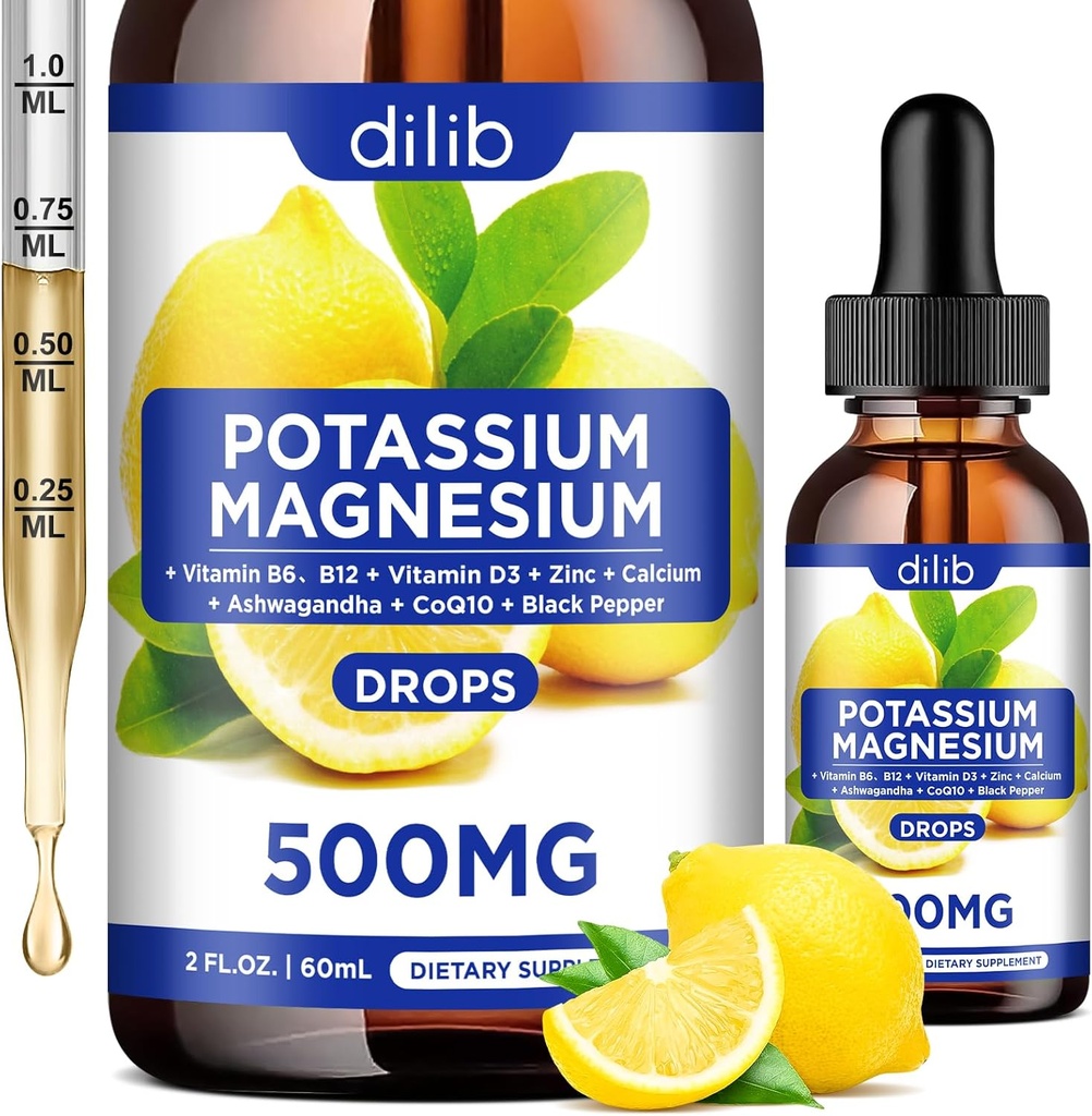 Kalium Magnesium Citrate Supplement, Vloeibare Magnesium Citrate Drops 500mg met Ashwagandha, Calcium, Zink, Vitamine D3, B6, B12, CoQ10 - Vegan 2 fl oz Citroen Smaak