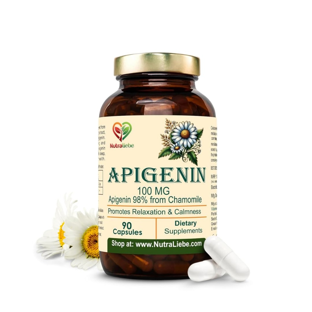 Apigenin 100 mg – Chamomile Extract Supplement – Natural Sleep & Anxiety Support – Non-GMO, Vegan – 90 Veg Capsules