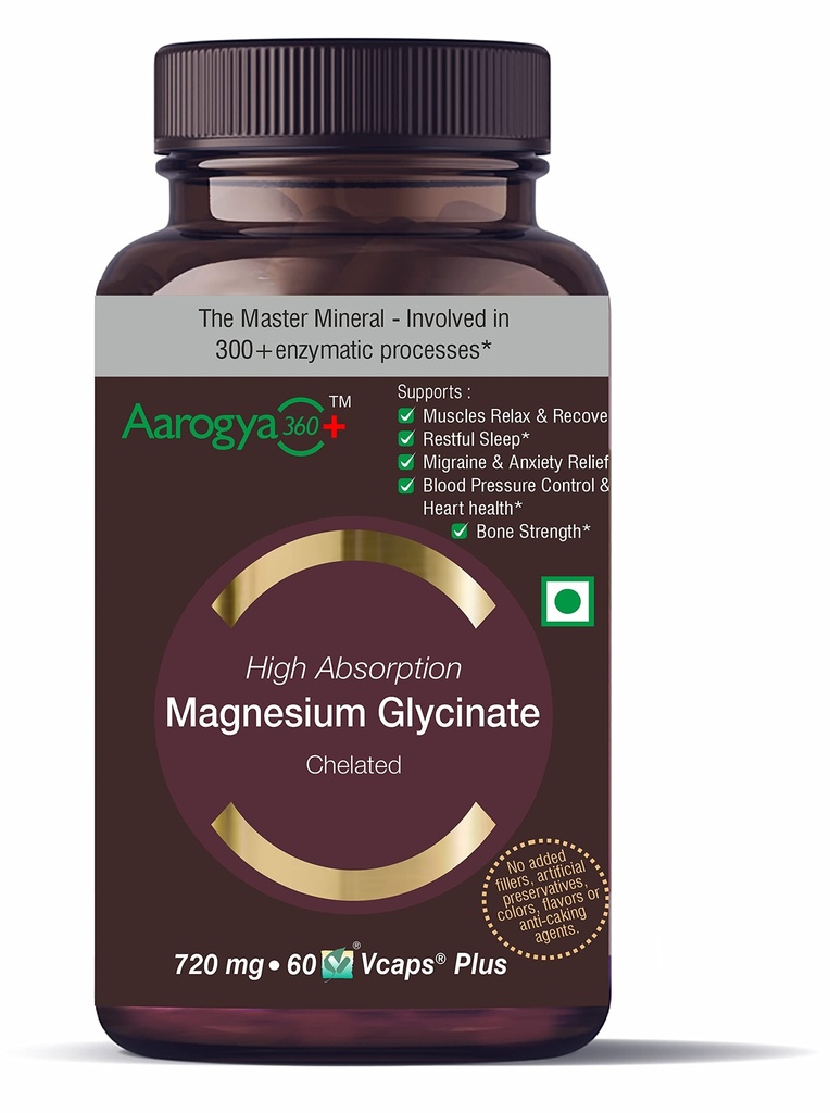 Magnesium Glycinate + Vitamin B6 | 720 mg | High Absorption | Supplement to Support Stress Relief, Sleep, Heart Health, Nerves, Muscles, and Metabolism | 60 Capsules