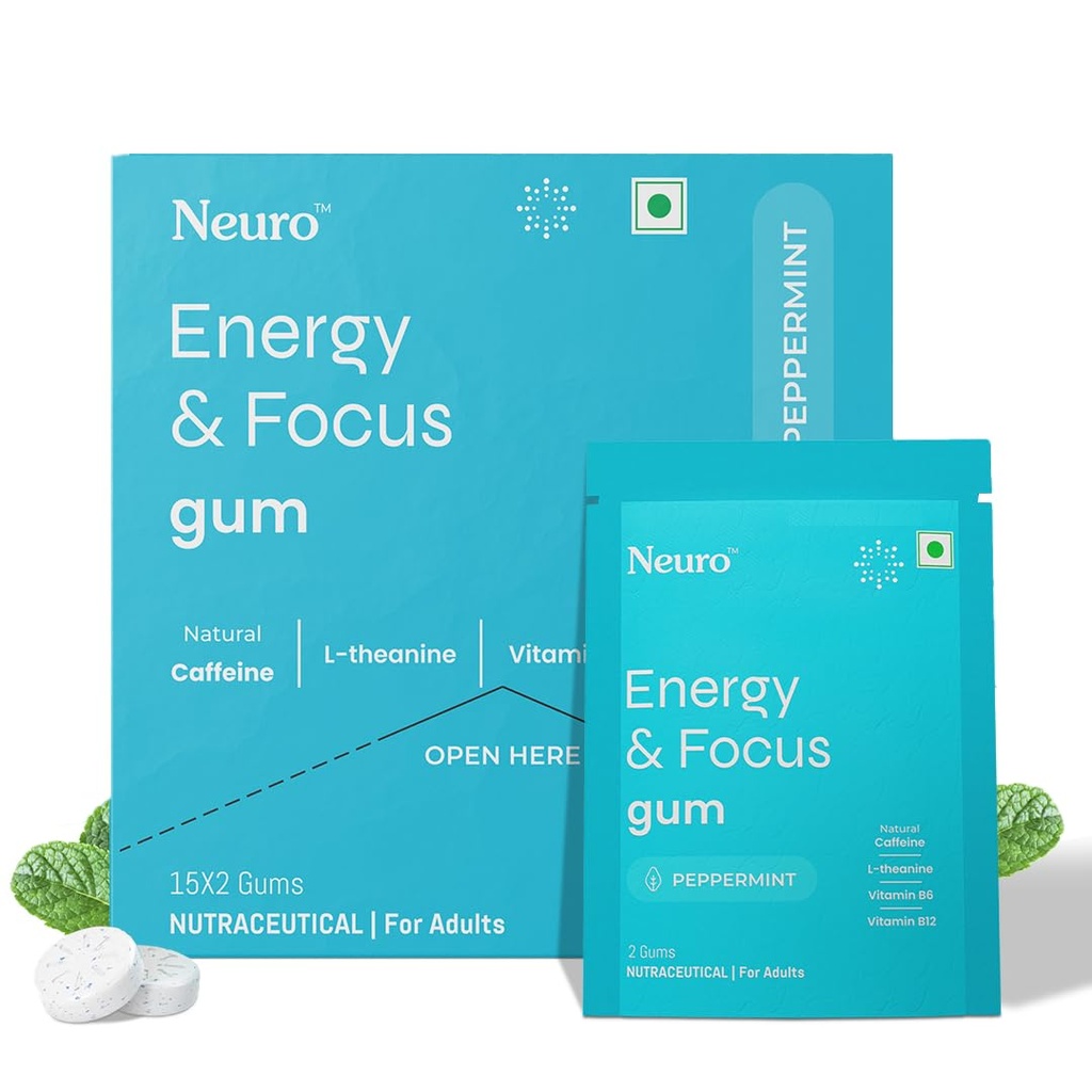 Neuro Energy & Focus Gum - Peppermint | Quick Energy Boost & Enhanced Focus | Natural Caffeine + 60 mg L-Theanine + Vitamin B6 & B12 | No Added Sugar | Aspartame Free | 30 Gums