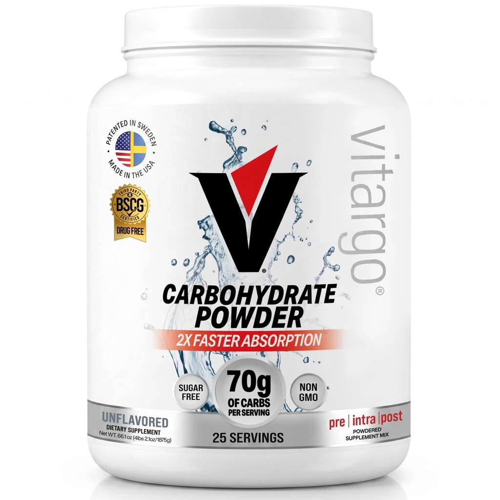 Vitargo Koolhydraatpoeder, 2X snellere absorptie, 4.4 LB Plain, Pre, Intra & Post, Sugar-Free Complex Carb Powder for Recovery, Endurance & Muscle Gain, Made in USA
