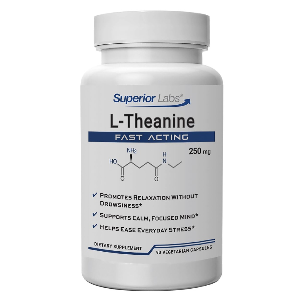 Superior Labs L-Theanine 250 mg capsules, Pure Non-GMO Suntheanine, Filler-Free, bevordert ontspanning & stress relief, ondersteunt gezonde slaap, verbeterde focus en aandacht, hoge absorptie, 90 Veg Caps