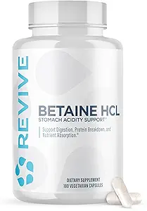 Revive MD Betaine HCL avec des enzymes digestives de Pepsin, 180 capsules végétariennes - Supplément chlorhydrate de bétaine soutient la digestion saine et l'absorption nutritive - aide avec les niveaux d'acide stomach