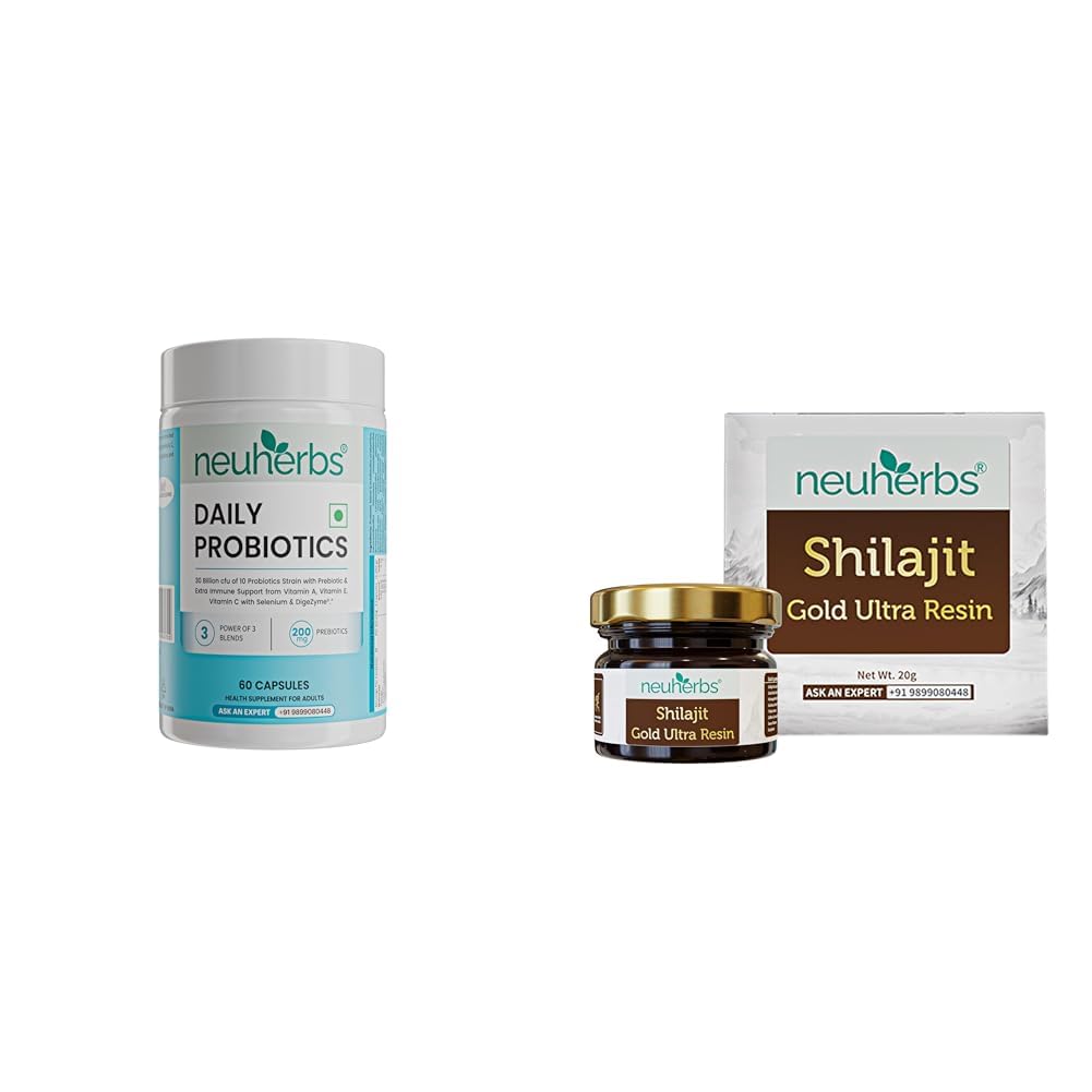 Neuherbs Daily Probiotics 30 Billion CFU with Prebiotics |Probiotics with Vitamin A, C & Selenium| | Neuherbs Shilajit Gold Ultra Resin - 20g | Gold Shilajeet Supplement With Ashwagandha, Gokshura, S