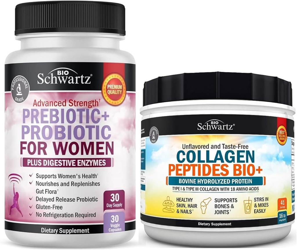 BioSchwartz Gehydrolyseerde Collageen Peptides Powder (40+ Servings) Plus Prebiotica en Probiotica met Digestieve Enzymen voor Vrouwen (1 Maand Supply)