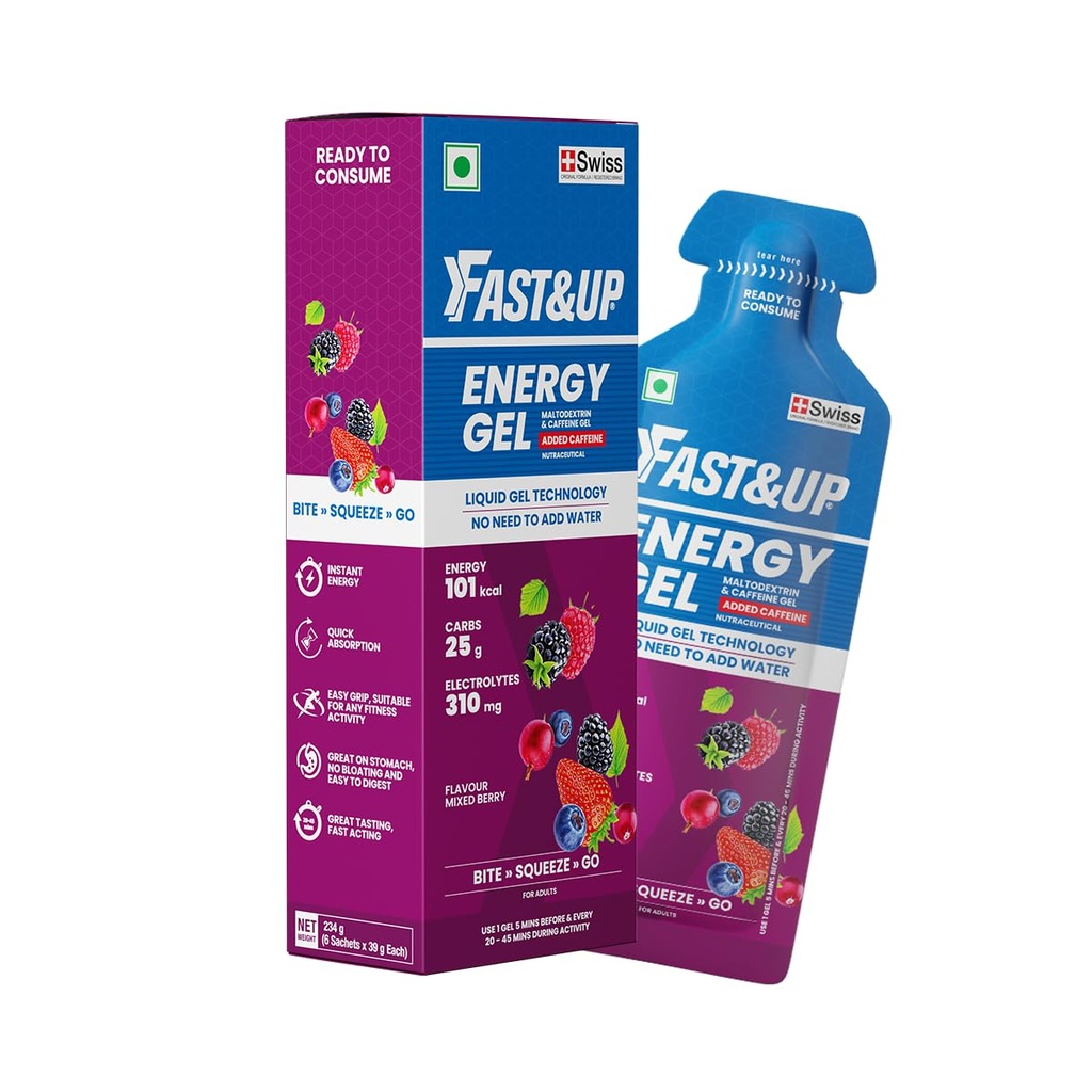 Fast&Up Energy Gel - Mixed Berry Flavour (Caffeinated) - Pack of 6 Gel Sachets, 39g per Sachet - for Instant Energy Boost, Improved Endurance and Performance