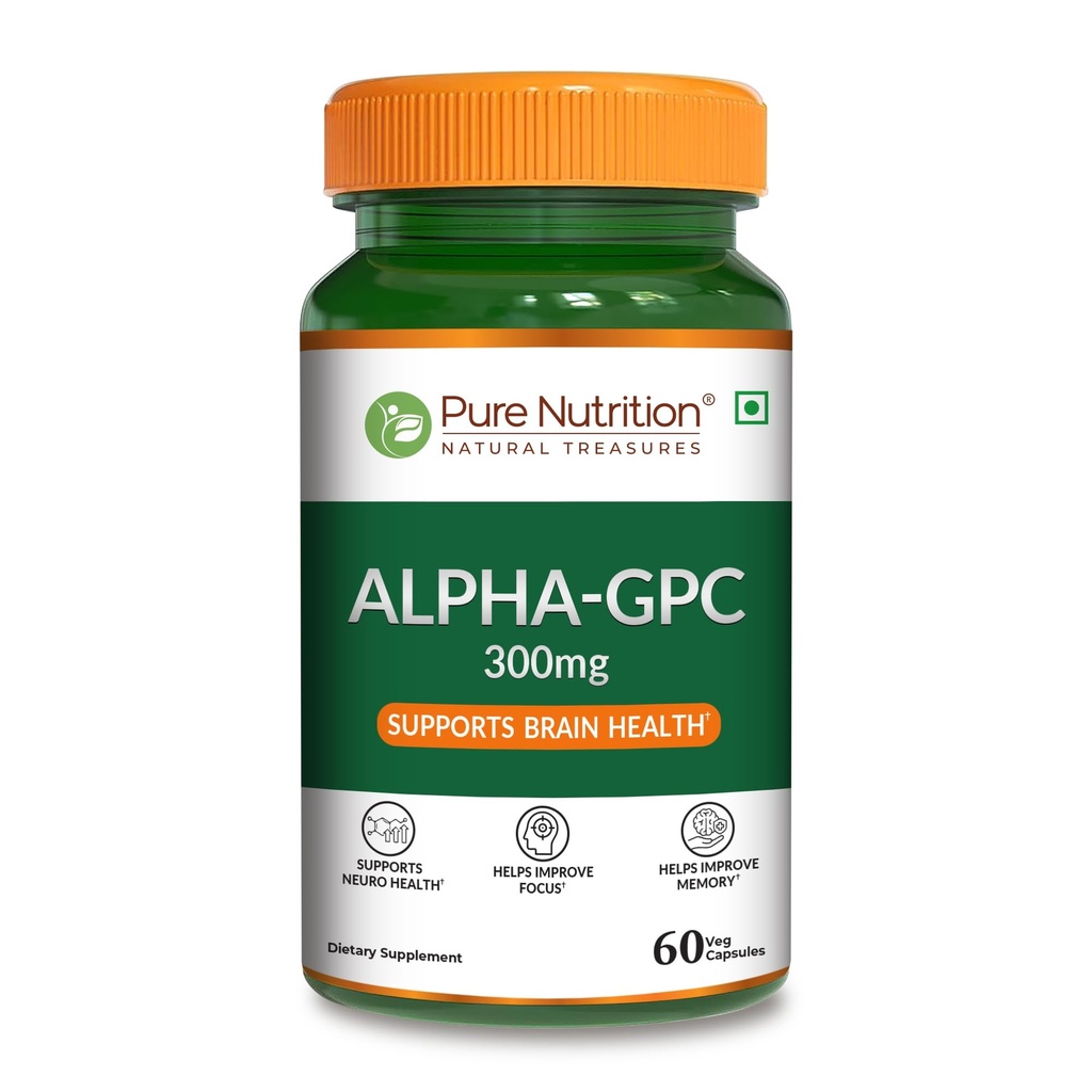 Pure Nutrition Alpha GPC 300mg with L- Glycerophosphorylcholine Cognitive Function | Powerful Alpha GPC Supplement Helps to Improve Focus, Mental Clarity & Memory | Brain Health Supplement for Men & Women - 60 Veg Capsules
