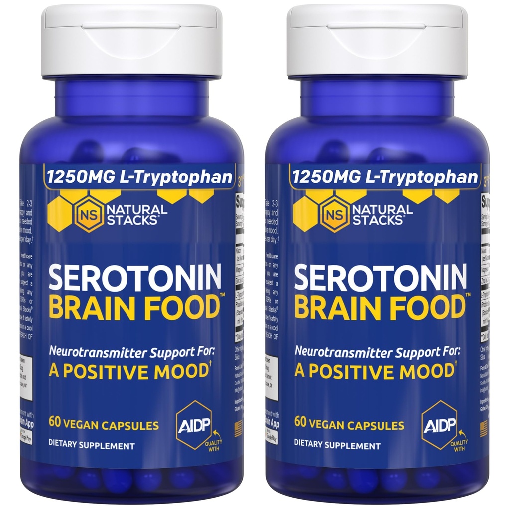 Sérotonine Cerveau Food - 1250mg L-Tryptophane & 400mg Supplément Rhodiola Rosea - Supplément de soutien d'humeur pour le soulagement du stress - Support Neurotransmetteur avec Magnésium Glycinate & Zinc - 120 Capsules