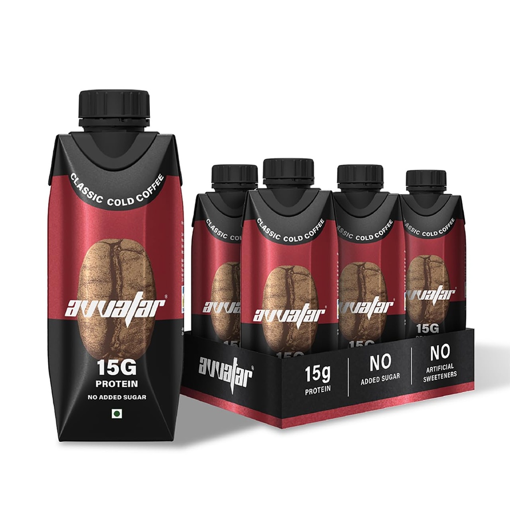 avvatar Protein Cold Coffee | Classic Cold Coffee Flavour | 15g Protein | 4.8g Fiber | Ready to Drink | 250ml | Pack of 4 (4 x 250 ml)