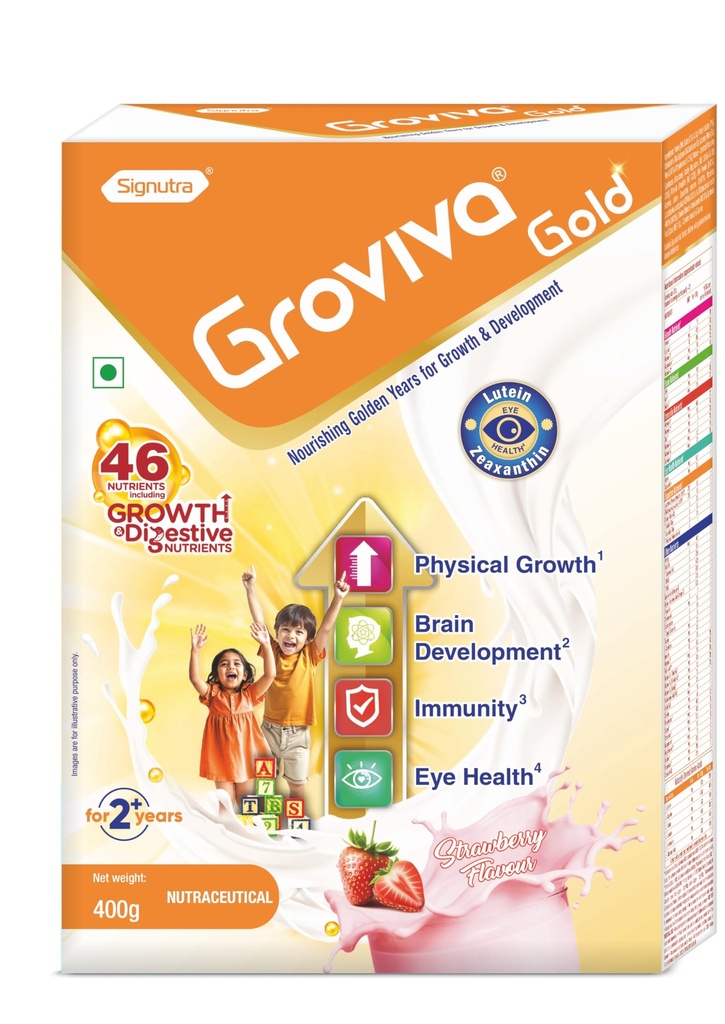 Groviva Gold Milk Protein Powder for Kids | 2-6 Years | 400g Strawberry BIB| 46 Nutrients | Growth & Digestive Nutrients | Supports Physical Growth, Brain Development, Immunity & Eye Health