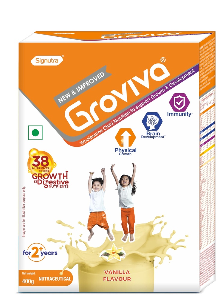 Groviva New & Improved Protein Powder for Kids | 2+ Years | 400g Vanilla BIB| 38 Nutrients | Growth & Digestive Nutrients | Supports Physical Growth, Brain Development, Immunity