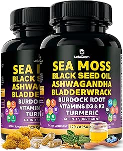 Capsules de mousse de mer – Mélange 17-en-1 avec l'huile de graines noires Ashwagandha Bladderwrack Root Turmeric Vitamine D3 K2 C pour le mieux-être quotidien – Supplément multiminéral pour les hommes et les femmes – 240 Nombre