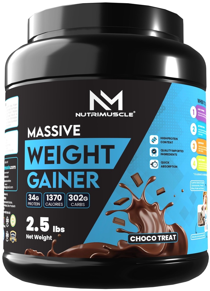 Nutrimuscle Massive Weight Gainer Powder for Men & Women – Chocolate Flavour | 1.134 Kg (2.5 lbs) | High Calorie Mass & Muscle Gainer with Complex Carbs, Protein Blend & Essential Vitamins