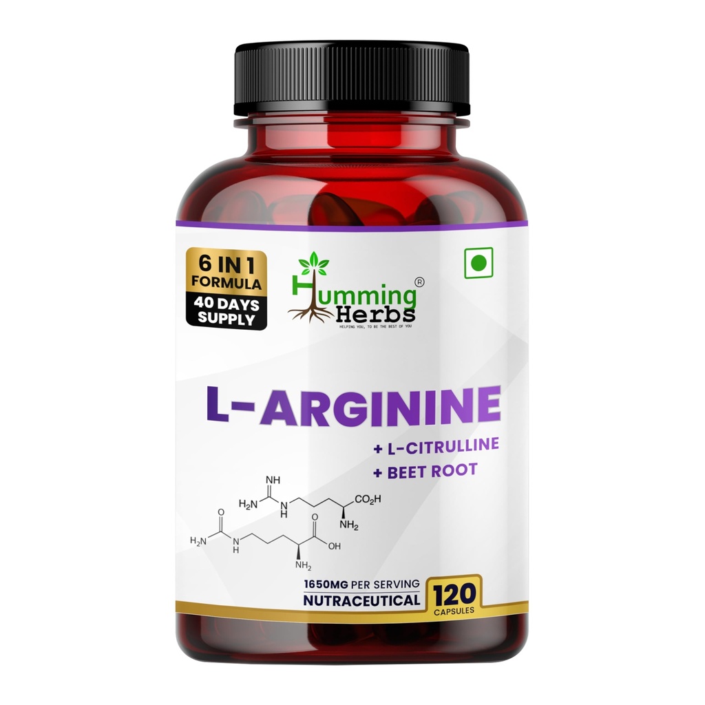 Humming Herbs L-Arginine with L-Citrulline, Beetroot, Ginseng, Safed Musli & Mucuna | 1650mg per Serving | 120 Veg Capsules | 6-in-1 Herbal Nutrition Blend | For Adults