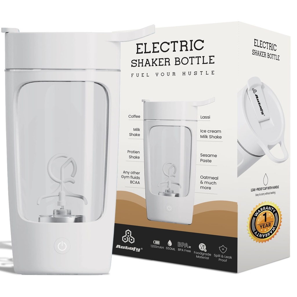 Autofy Electric Shaker for Gym Protein Shaker Bottle 100% Leakproof Design Multipurpose Use Coffee Lassi Milkshake BCAA Mixing Home Office Workout use *60 Mins Runtime* Anti-Skid Base (White - 650ml)