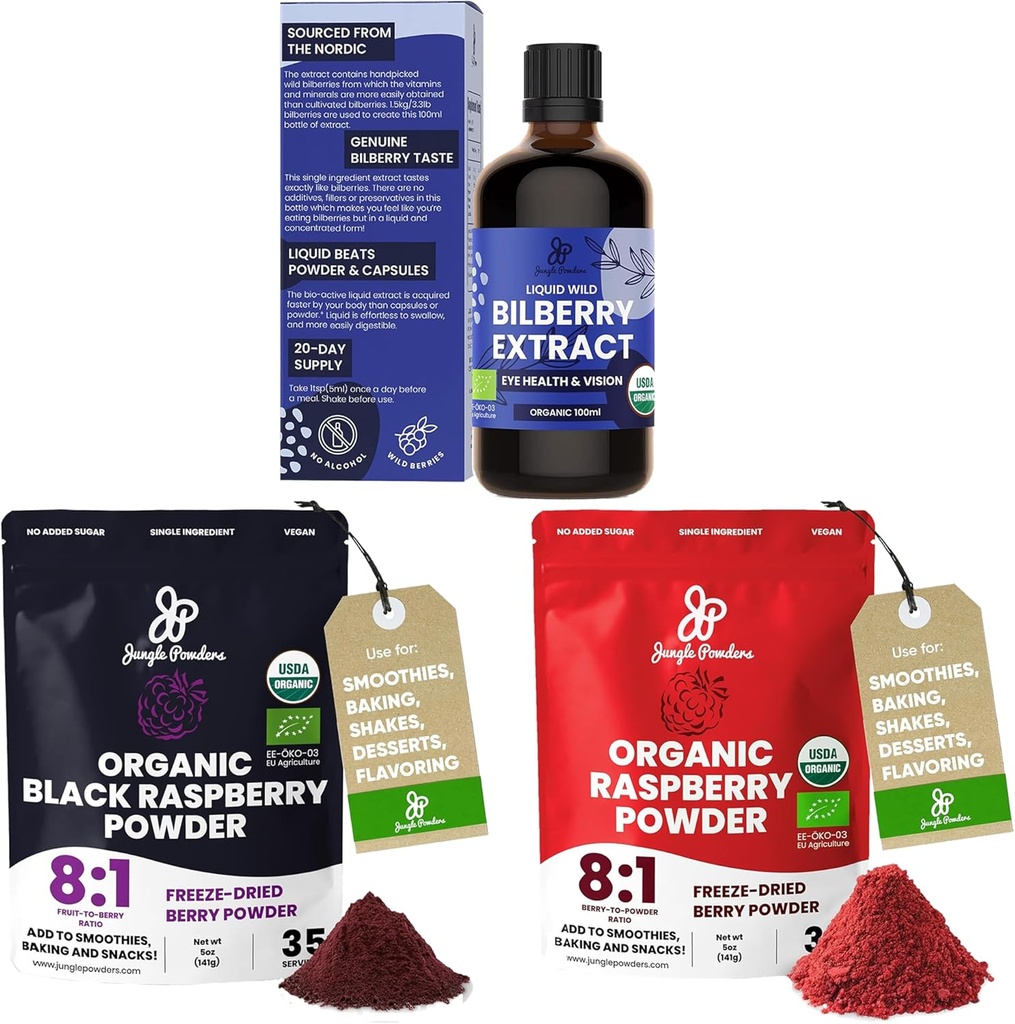Poudres de jungle Extrait de bilberry sauvage pour les yeux USDA Organic 3.4oz Bouteille, Poudres de framboises rouges noires Bundle 5 once Sachet, framboises séchées congelées pour smoothies au four Fruits déshydratés