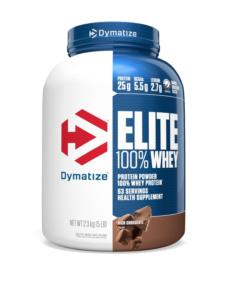 Dymatize Nutrition Elite 100% Whey Protein | Whey Protein Powder | Muscle Recovery | 25g Protein, 5.5g BCAA | Fast-Absorbing Protein | Gluten-Free | Blend with BCAAs & Glutamine | Rich Chocolate | 5 Lbs