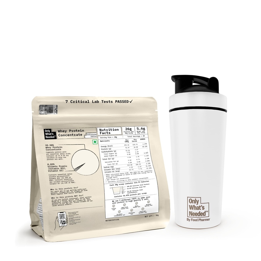 ONLY WHAT'S NEEDED By Food Pharmer | OWN Unflavoured Whey Protein Concentrate 1kg + Stainless Steel Metal Shaker 750ml | 26g Protein per Scoop | No Added Sugar | No Artificial Sweeteners | Lab Tested