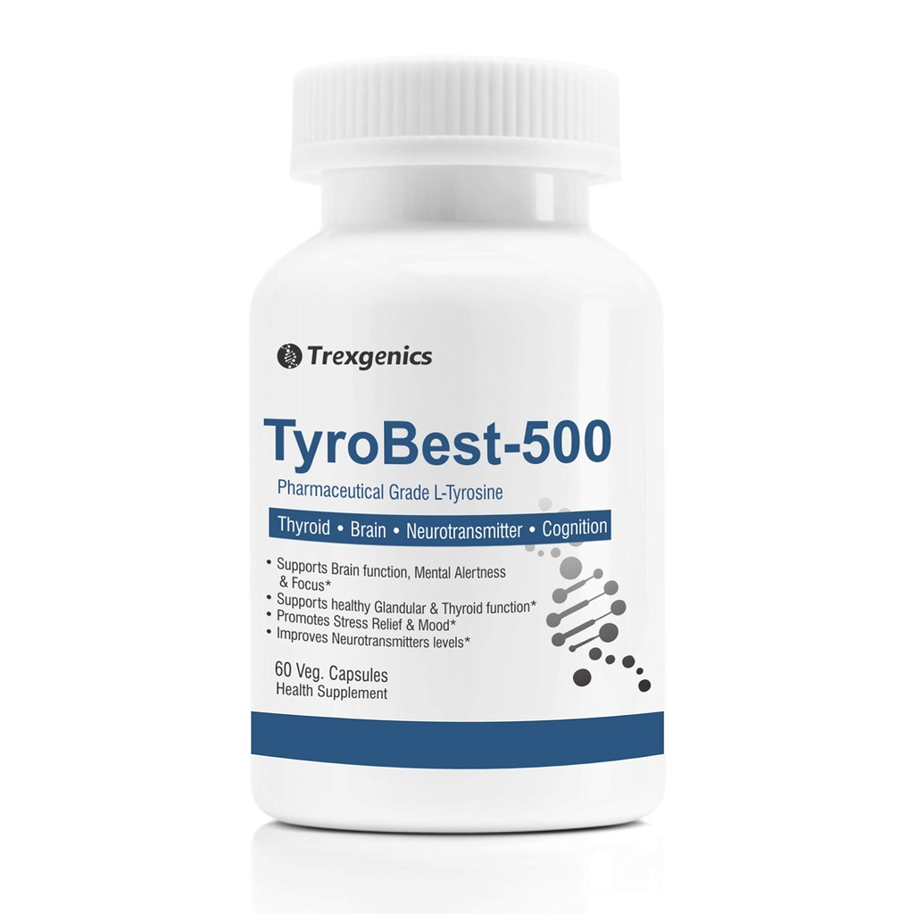 Trexgenics TyroBest-500 L-Tyrosine Pharmaceutical Grade - Thyroid, Stress, Neurotransmitter & Brain Function Support (60 Veg. Capsules) (1)