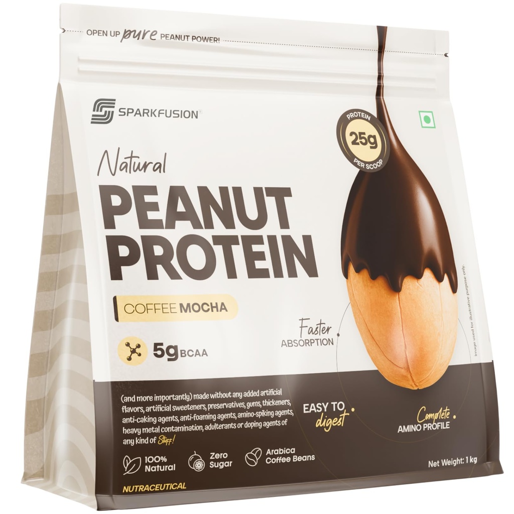 SparkFusion Natural Peanut Protein Isolate – Flavor – 25g Protein, 5g BCAA, Zero Sugar, Gut-Friendly, Vegan, Lab-Tested, No Artificial Additives (1 kg (Pack of 1), Coffee Mocha)