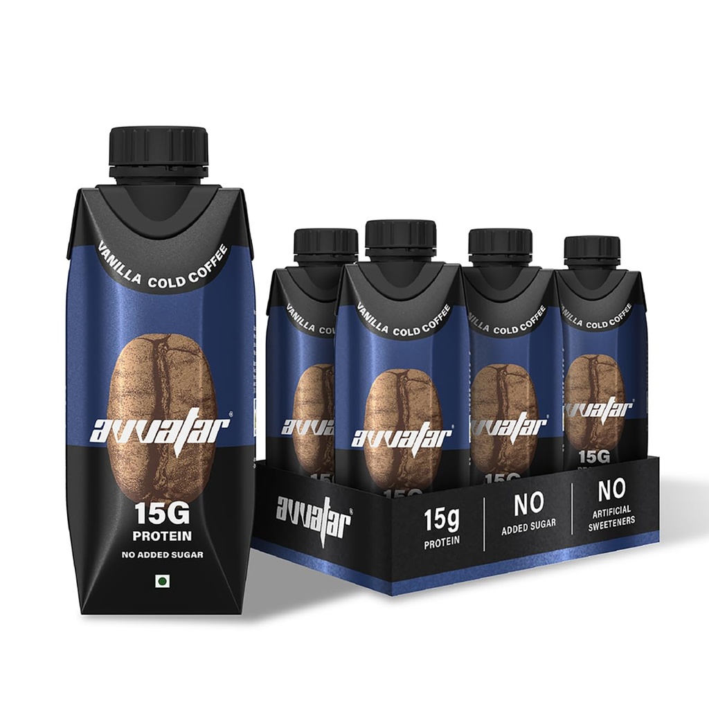avvatar Protein Cold Coffee | Vanilla Flavour | 15g Protein | 4.8g Fiber | Ready to Drink | 250ml | Pack of 4 (4 x 250 ml)