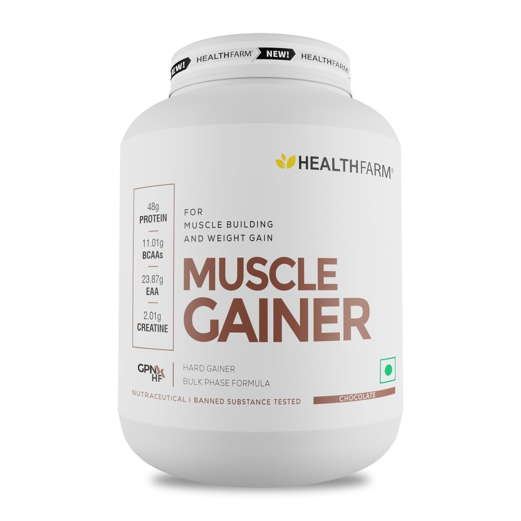 Healthfarm Muscle Gainer with High Protein and Carbs | Helps Gain Muscle Mass & Body Weight (Chocolate, 3kg-6.6 lbs)