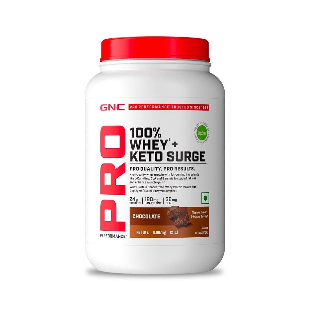 GNC 100% Whey + Keto Surge | India’s First Fat-Burning Whey | 24g Protein | 180mg L-Carnitine, 36mg CLA for Lean Muscle & Fat Burn | Zero Added Sugar | Gluten-Free | Chocolate Flavor | 2lbs