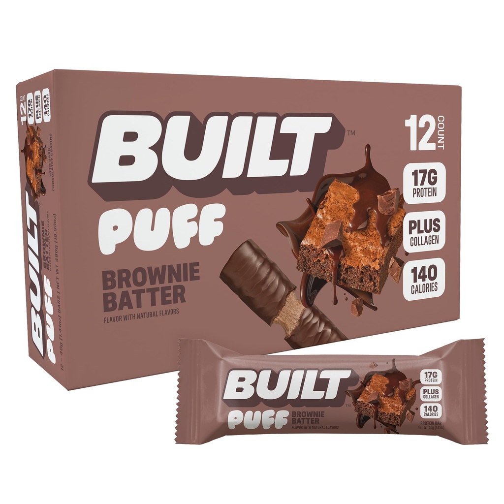Built Bar, Puff Protein Bars, Brownie Batter Puff, 17g Protein Snacks, On-The-Go Bars, Slechts 140 Calorieën, 6g Suiker, Collageen, Glutenvrij, 12 Tellen