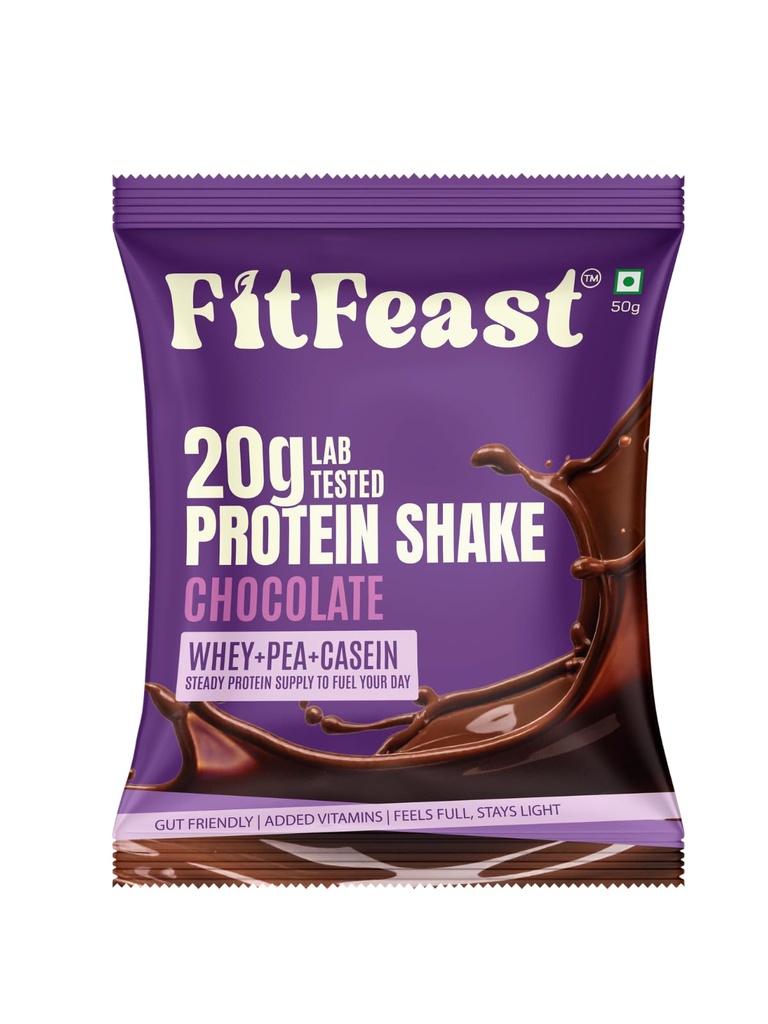 FitFeast Protein Shake Sachet - Chocolate, Pack of 7 | 20g Triple Blend Protein Per Serve| 45:35:20 Whey, Pea & Casein Blend Protein Powder| No Maltodextrin | 0 Added Sugar | As Seen on Shark Tank