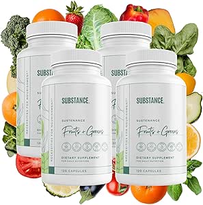 SUBSTANCE. 4-pck Nature's sustenance Daily Greens, Daily Fruits and Veggies Supplement - Améliorer l'énergie, la clarté mentale - Fruits et légumes Suppléments - É.-U. Fabriqué, Vegan-Ami - 120 portions.