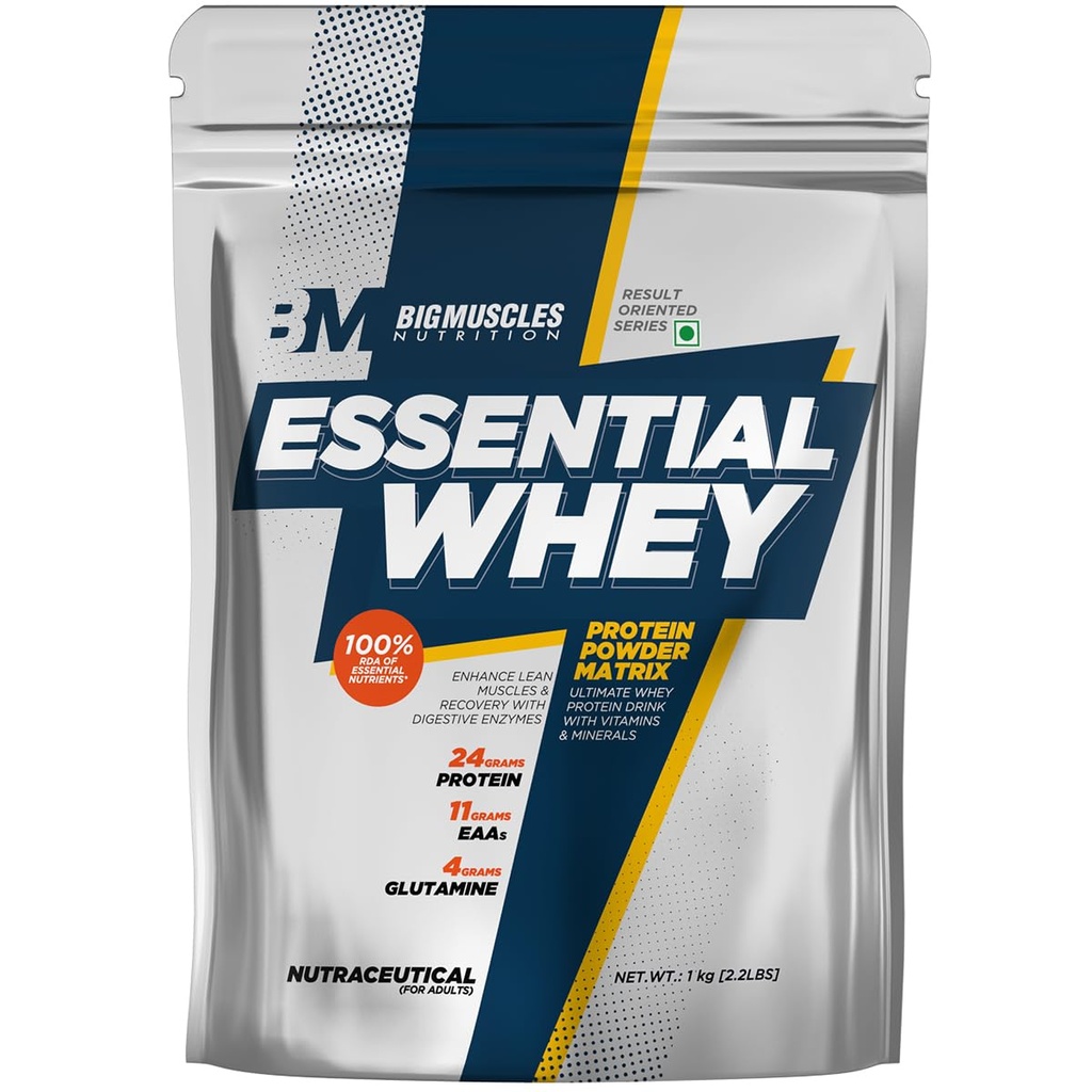 Bigmuscles Nutrition Essential Whey Protein 1Kg [Strawberry Milkshake]|24G Protein Per Serving|Strength,Faster Recovery & Muscle Building,1 Count,24 Grams