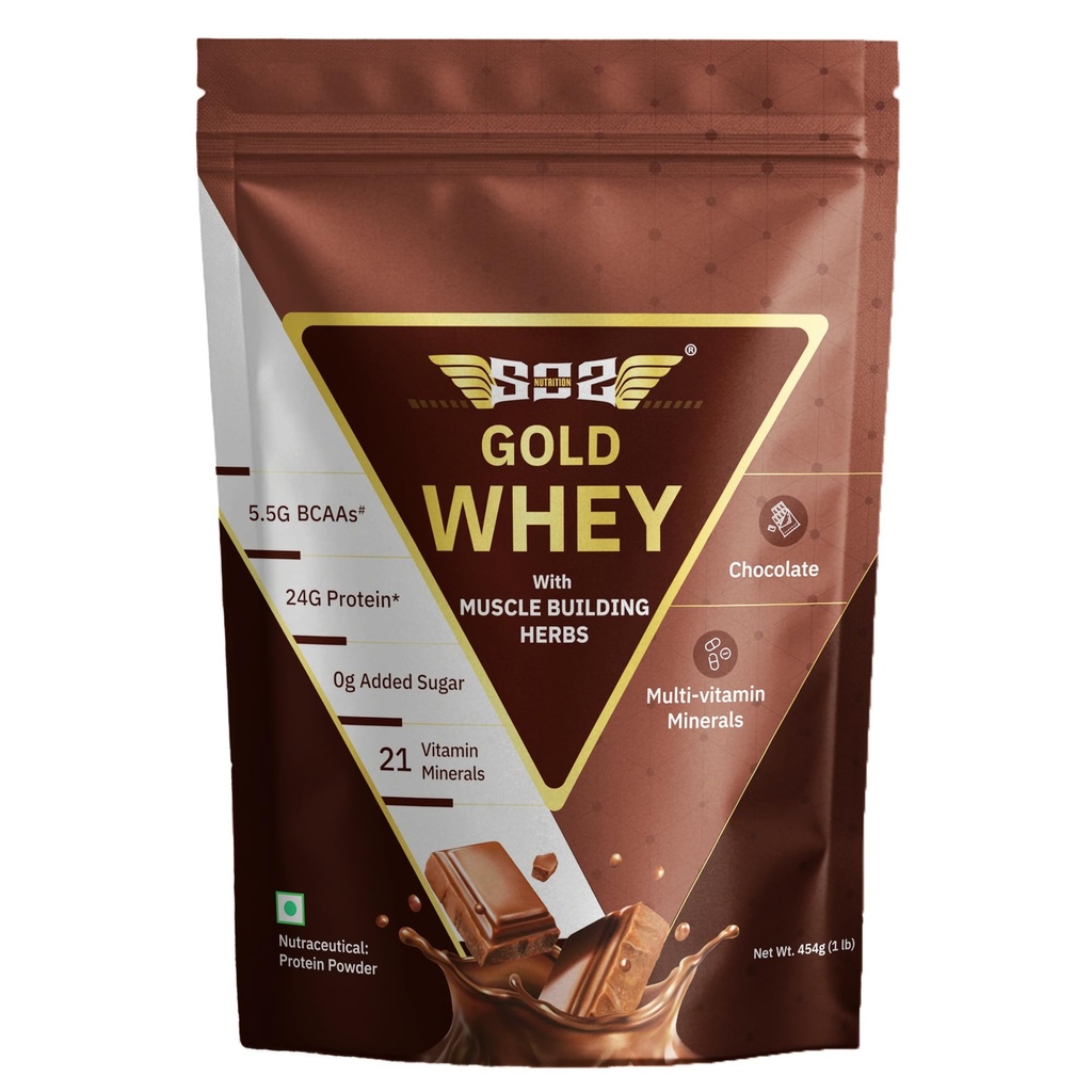 SOS Nutrition Gold Whey Protein Powder 454g (15 Servings) | 24g Protein, 5.5g BCAAs | With Ashwagandha & Musli | Gluten-Free, Lactose-Free | No Artificial Sweeteners | Muscle Recovery Protein
