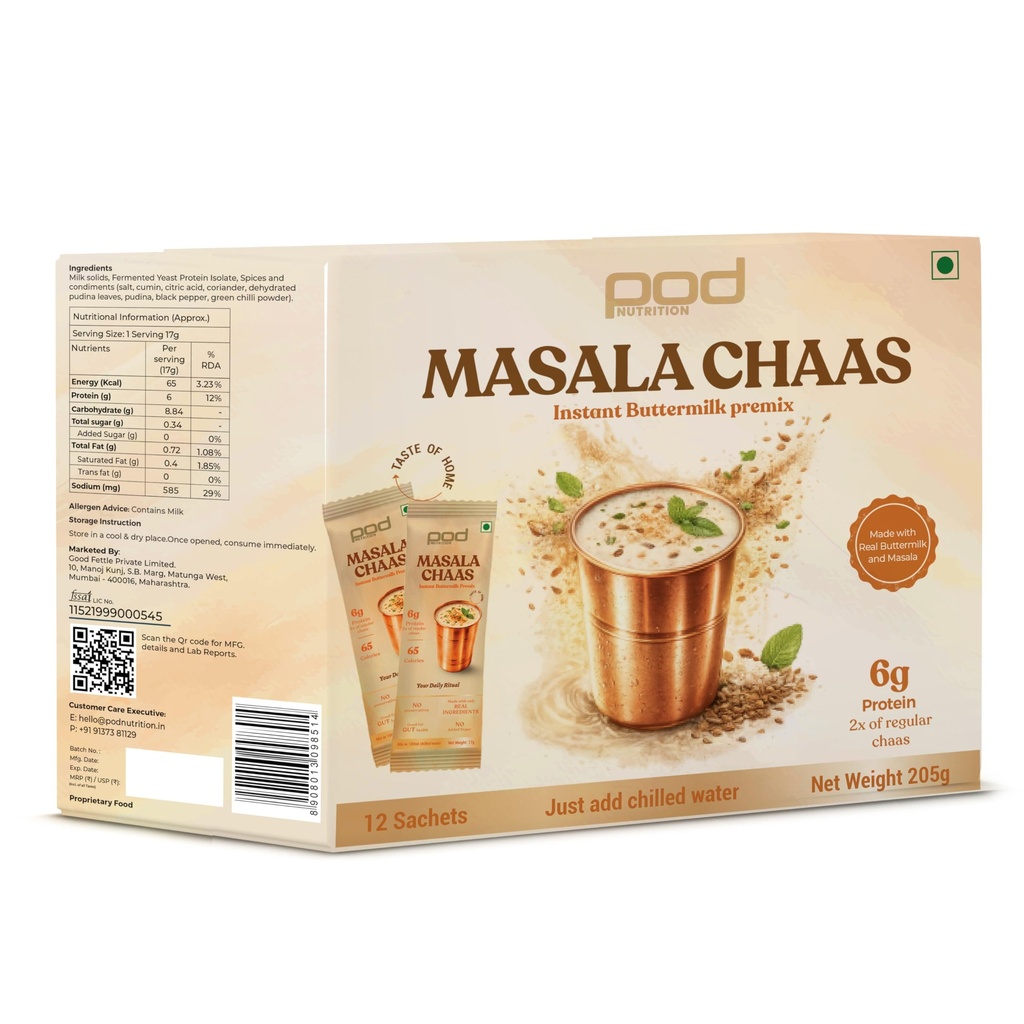 High Protein Masala Chaas | Instant Buttermilk Powder Premix | 6g Protein, 0g Sugar, Probiotics for Gut Health | Real Spices, No Preservatives | 12 Travel-Friendly Sachets