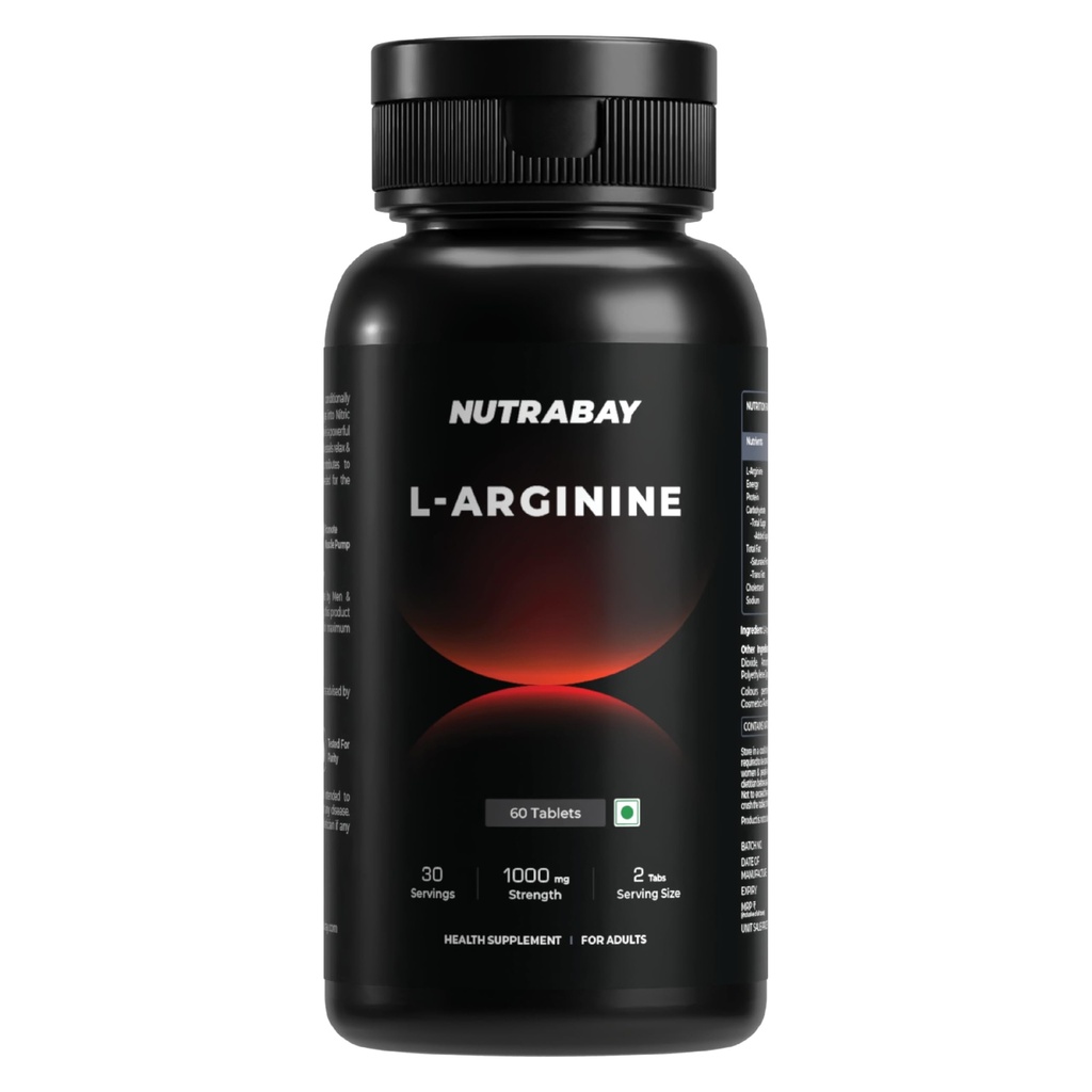 Nutrabay Pro L-Arginine Tablets 1000mg per Tablet – Improve Endurance, Promote Muscle Pump, Non-GMO, Vegan Friendly – 60 Veg Tablets| Tested for Purity | 100% Authentic