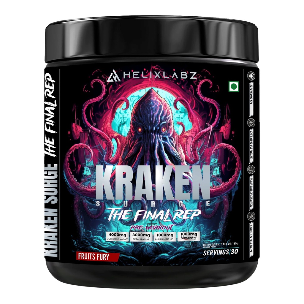 Kraken Pre-Workout | 30 Servings, Fruits Fury | Advanced Pre-Workout Formula with 1000mg US Patented Nitrosigine® | 4000mg L-Citrulline Malate | 3000mg Beta-Alanine | 1000mg L-Arginine HCL | Peak Performance & Endurance