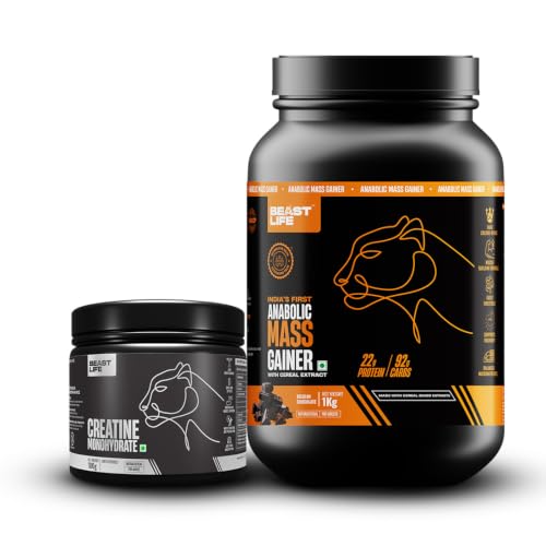BeastLife High Protein Mass/Weight Gainer with Creatine Monohydrate 100g | 1 KG | Belgian Chocolate | NABL LAB Tested | For Muscle Gain & Fast Growth