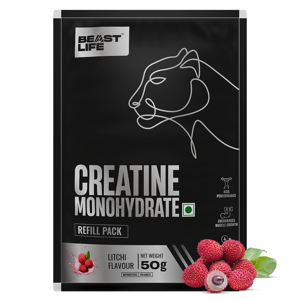 BEASTLIFE Super Micronized Creatine Monohydrate Powder 50g Refill Pack | 13 Servings Litchi Flavor | NABL Lab Tested | Premium Sports Nutrition for Strength & Performance