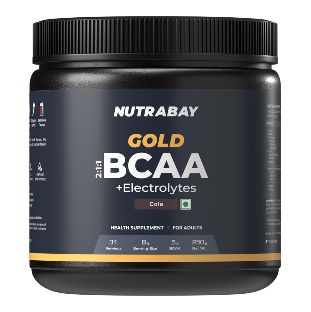 Nutrabay Gold BCAA 2:1:1 with Electrolytes 5000 mg Vegan BCAAs per Serving – Pre/Post Workout Energy Drink for Muscle Build Up & Faster Recovery - Tested for Purity - No Banned Substances – 250g, Cola