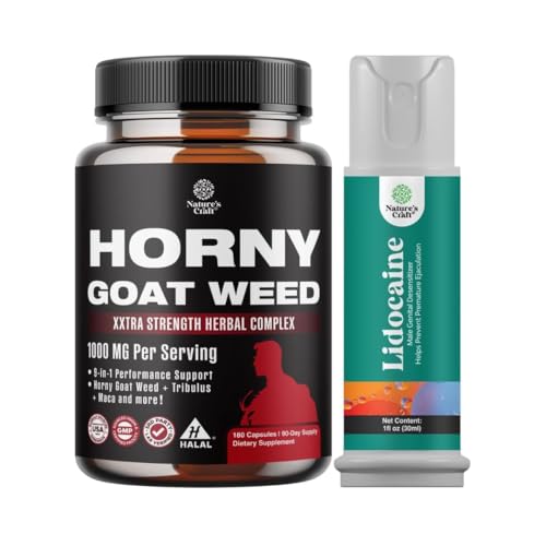 Bundle of Horny Goat Weed for Men - Extra Strength Male Supplement, et Lidocaine Désensibilising Topic Spray Climax Control for Longer Lasting Performance - Boost Endurance and Stamina Fast Acting