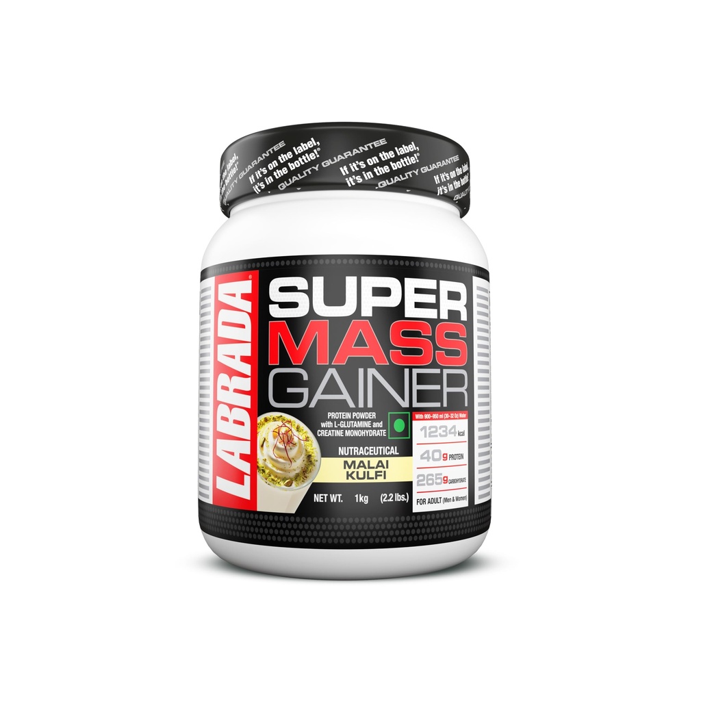 Labrada Super Mass Gainer 1kg | High-Calorie Protein Powder for Muscle Growth & Recovery |1246 Calories | 40g Protein | 265g Carbs | Malai Kulfi Flavor | 3g Creatine | 500mg Glutamine, 1000gm