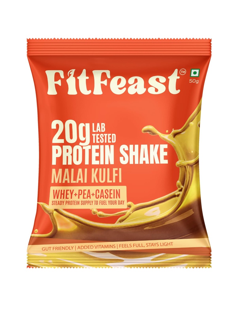FitFeast Protein Shake Sachet - Pack of 7 | 20g Triple Blend Protein Per Serve| 45:35:20 Whey, Pea & Casein Blend | No Maltodextrin | 0 Added Sugar | As Seen on Shark Tank (Malai Kulfi)