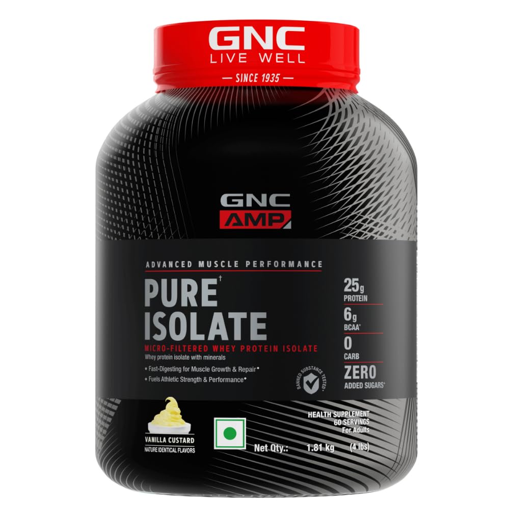 GNC AMP Pure Isolate | 4 lbs | Boosts Performance | Increases Strength & Muscles | DigeZyme® For Easy Digestion | Informed Choice Certified | 25g Protein | 6g BCAA | Vanilla Custard