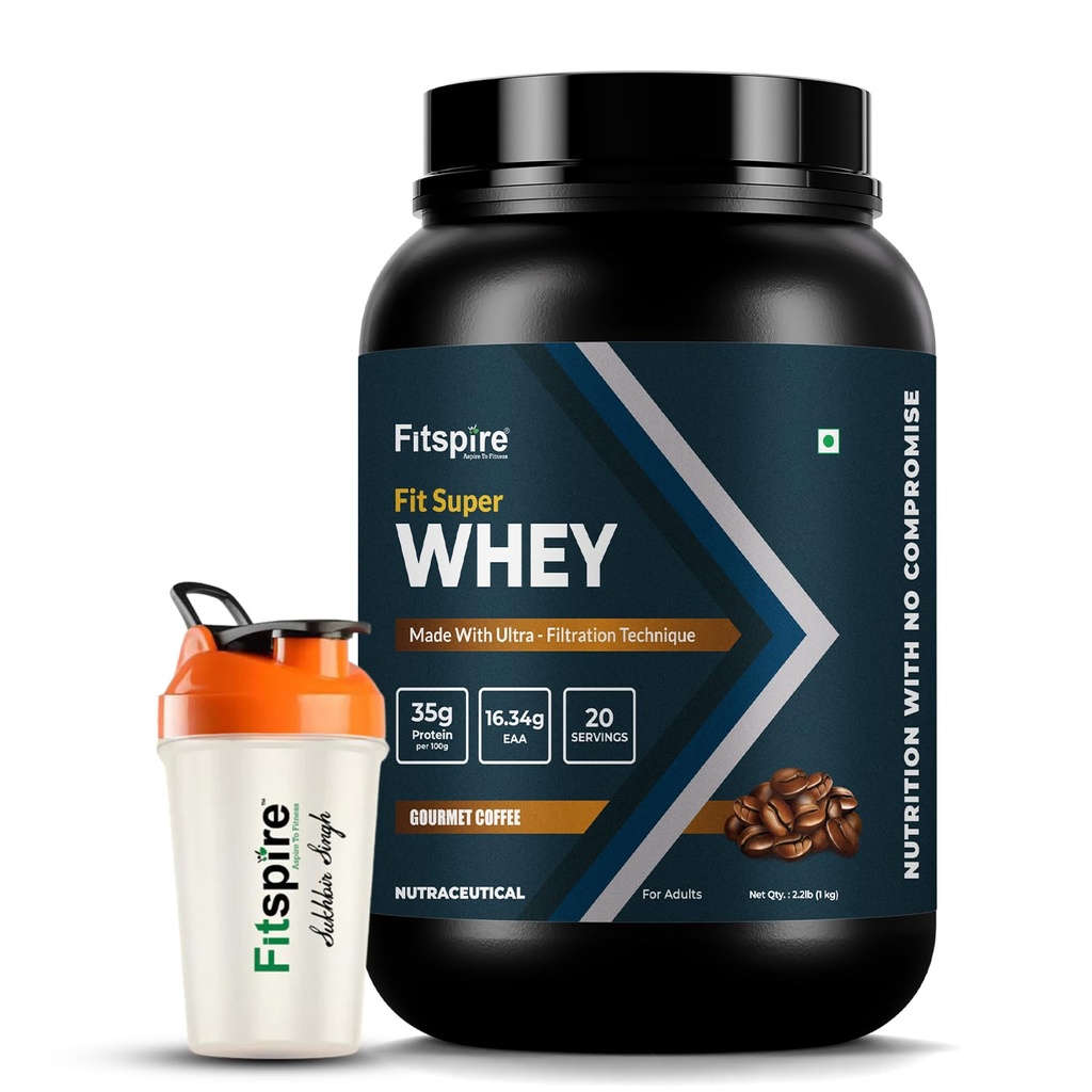 Fitspire Fit Super Whey Protein Powder with Shaker, Gourmet Coffee Flavour, 1kg - Whey Isolate and Concentrate Blend - 35g Protein per 100g - Digestive Enzymes - Supports Muscle Growth and Recovery - Zero Added Sugar